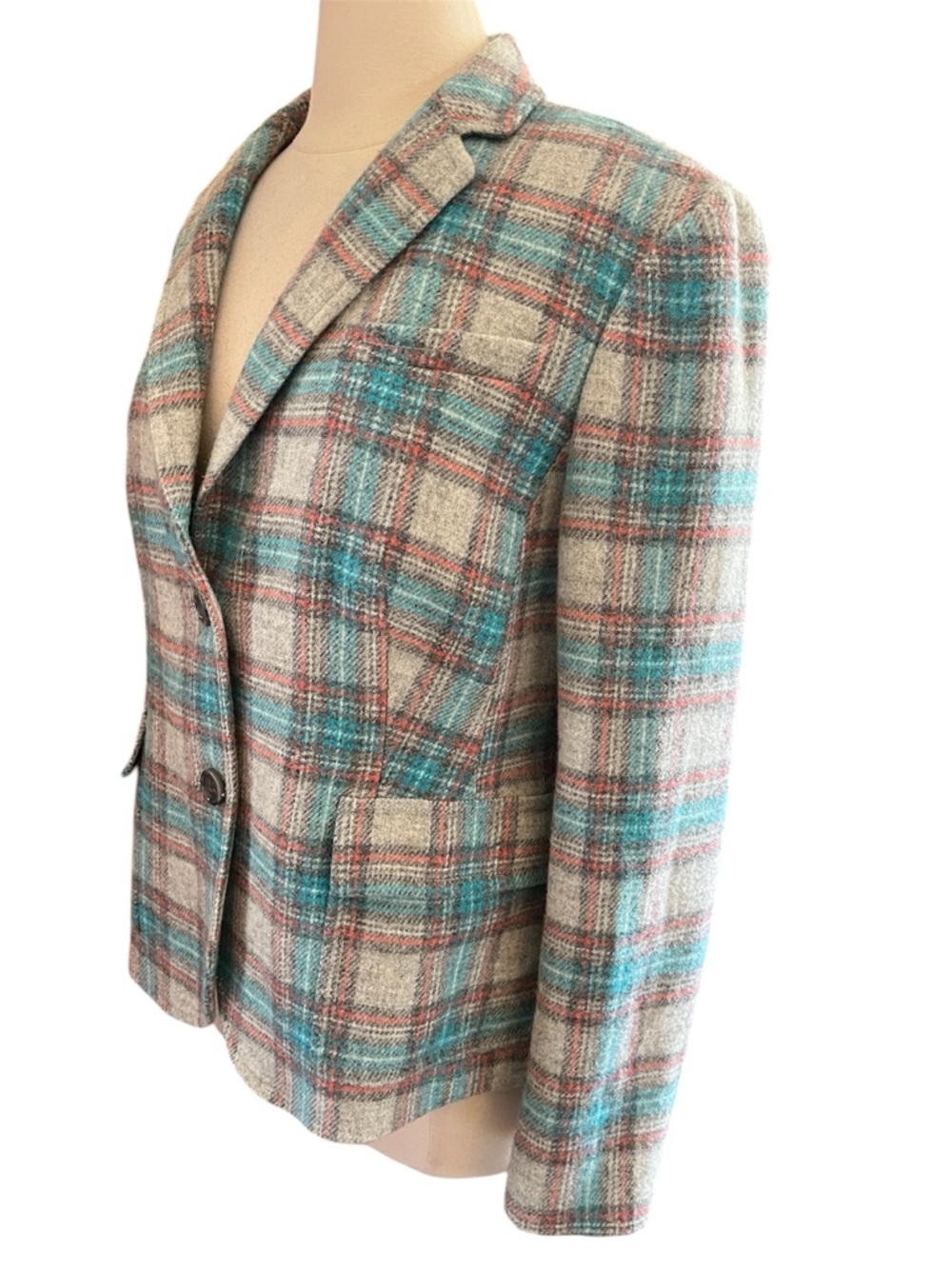 Talbots Plaid Teal,Grey,Rust & Cream Wool blend Blazer w/front pockets Size 14 - Picture 5 of 11
